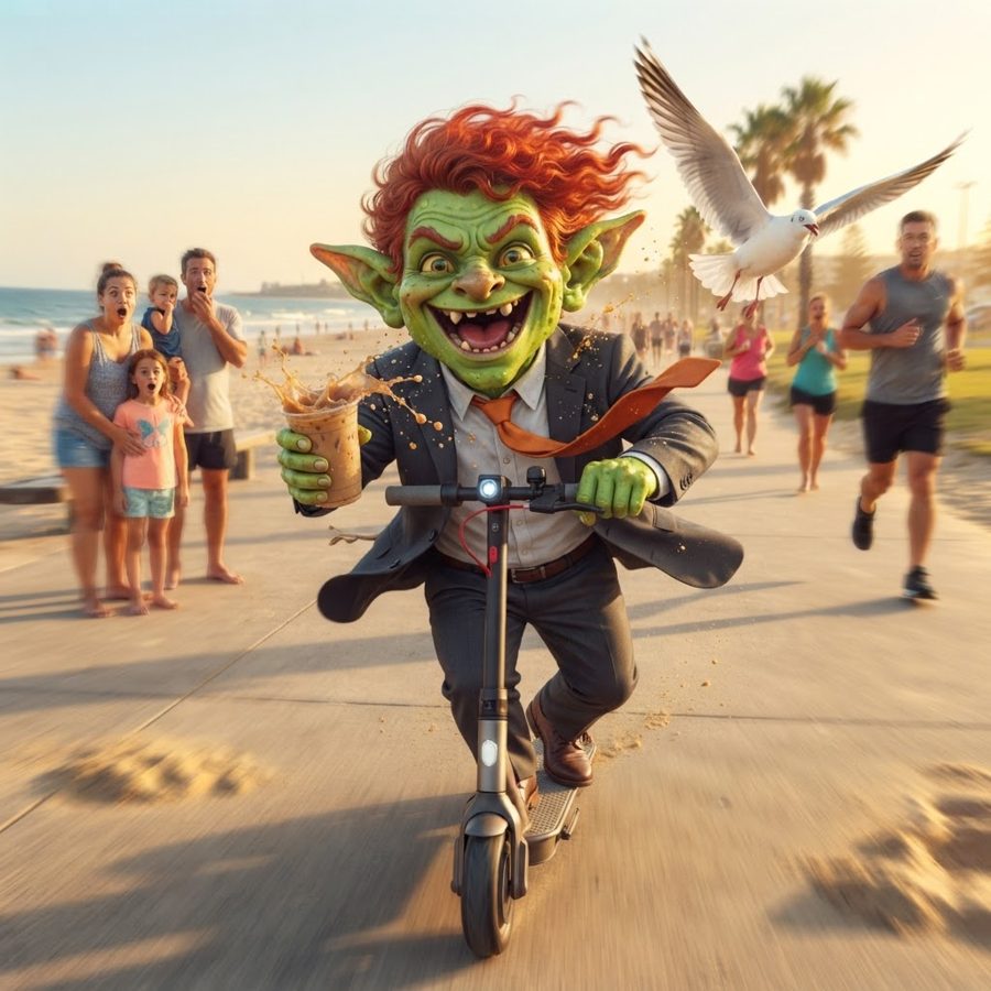 Goblin on a scooter at the beach